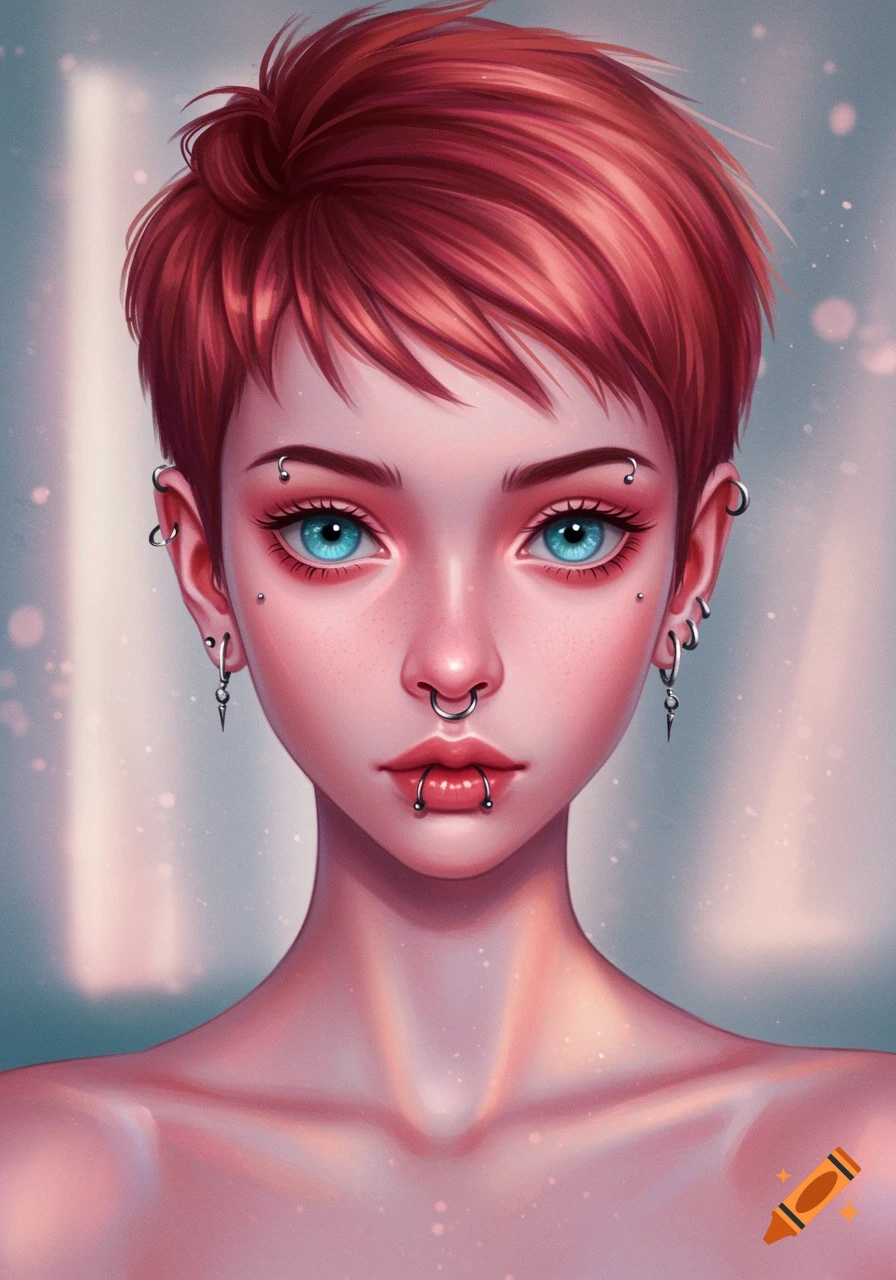 Stylized digital art portrait of a young person with red pixie cut hair, bright blue eyes, pale skin, and multiple facial piercings.