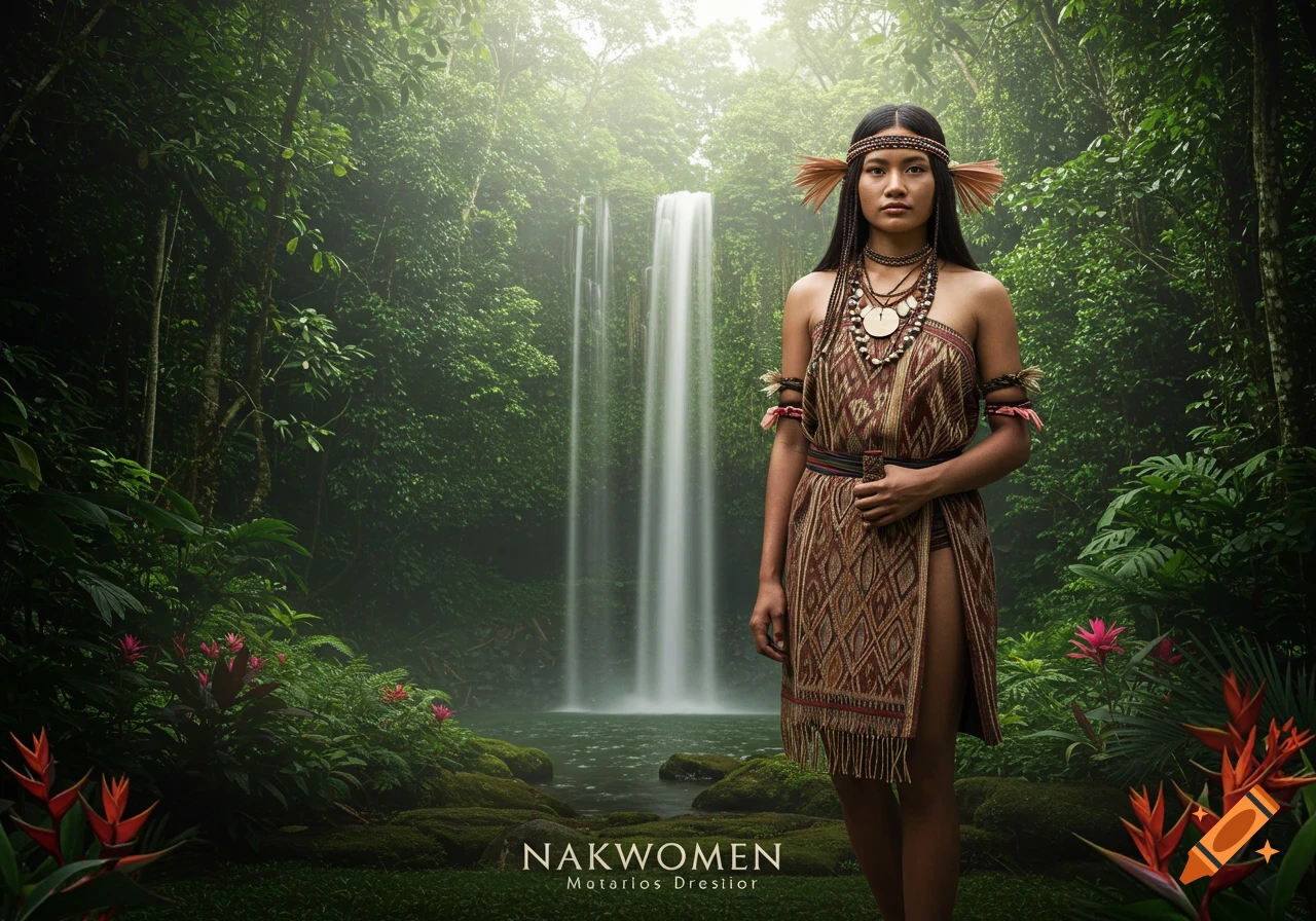 A woman in traditional attire with feathers in her hair and a patterned dress stands in a lush jungle with a waterfall behind her.
