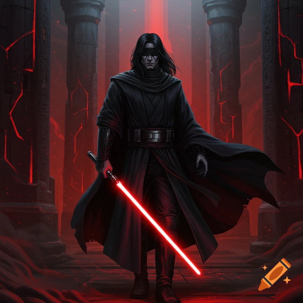 A blindfolded male Sith character in black robes stands in a dark, red-lit ruined temple, holding a glowing red lightsaber.