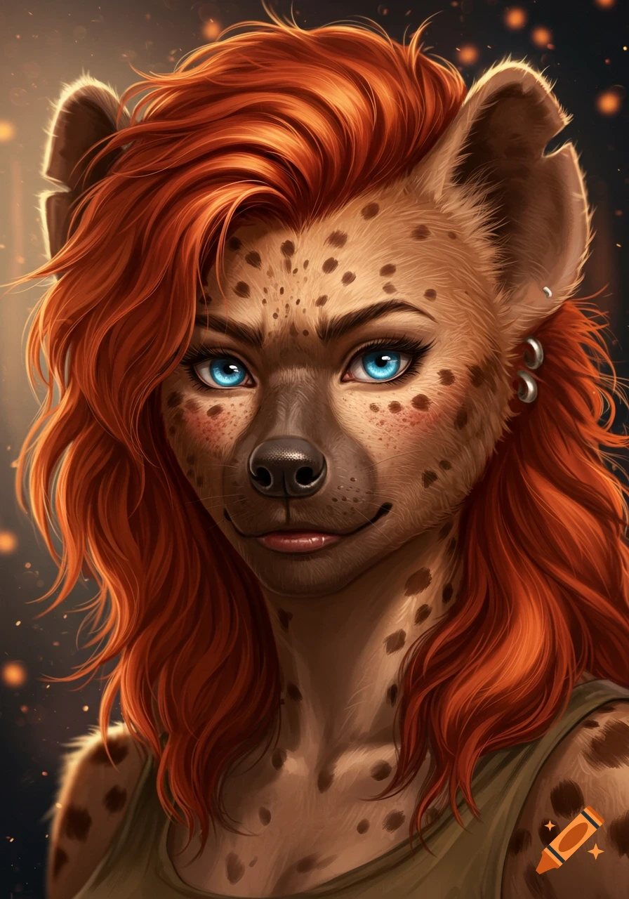 Close-up portrait of an anthropomorphic female hyena with red hair, blue eyes, and freckles, in an illustrative style.