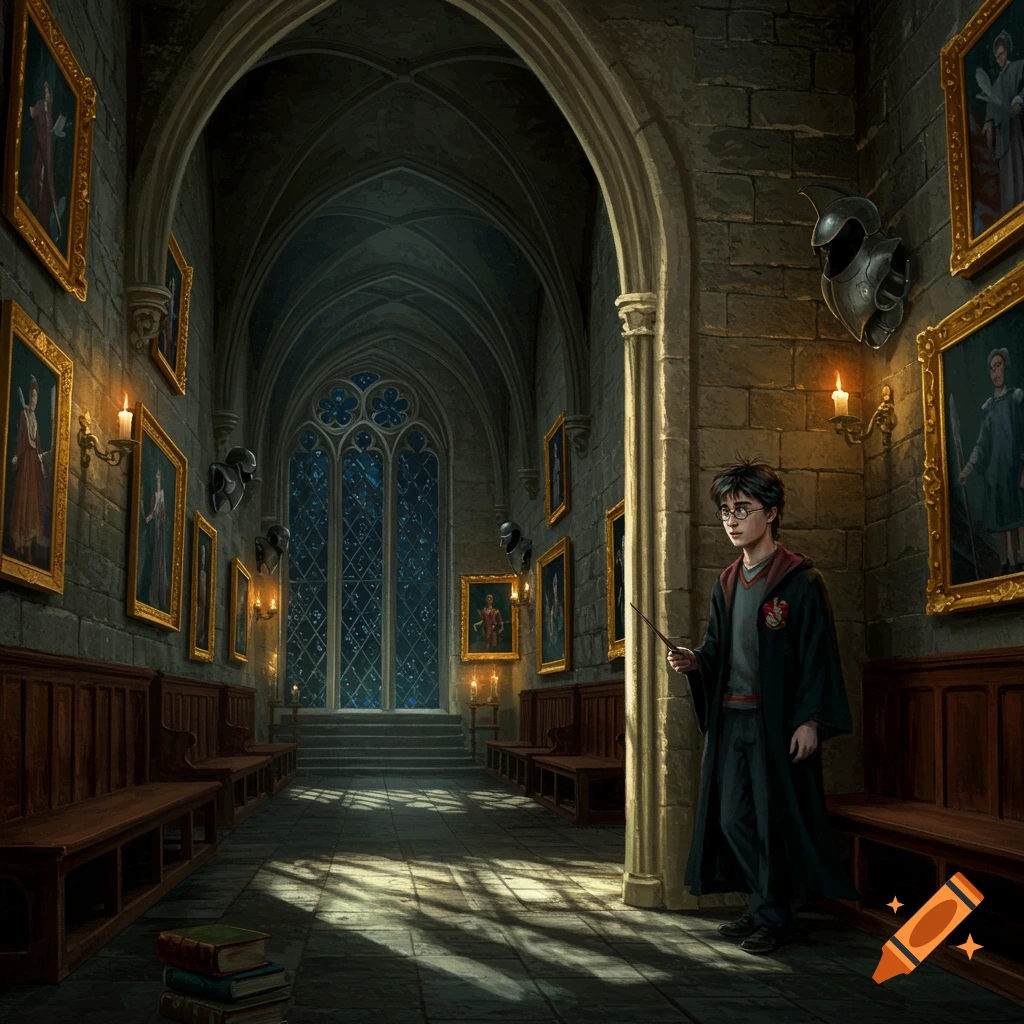 Harry Potter stands in a dimly lit Hogwarts corridor lined with portraits, sconces, and benches, sunlight streaming through a large gothic window.