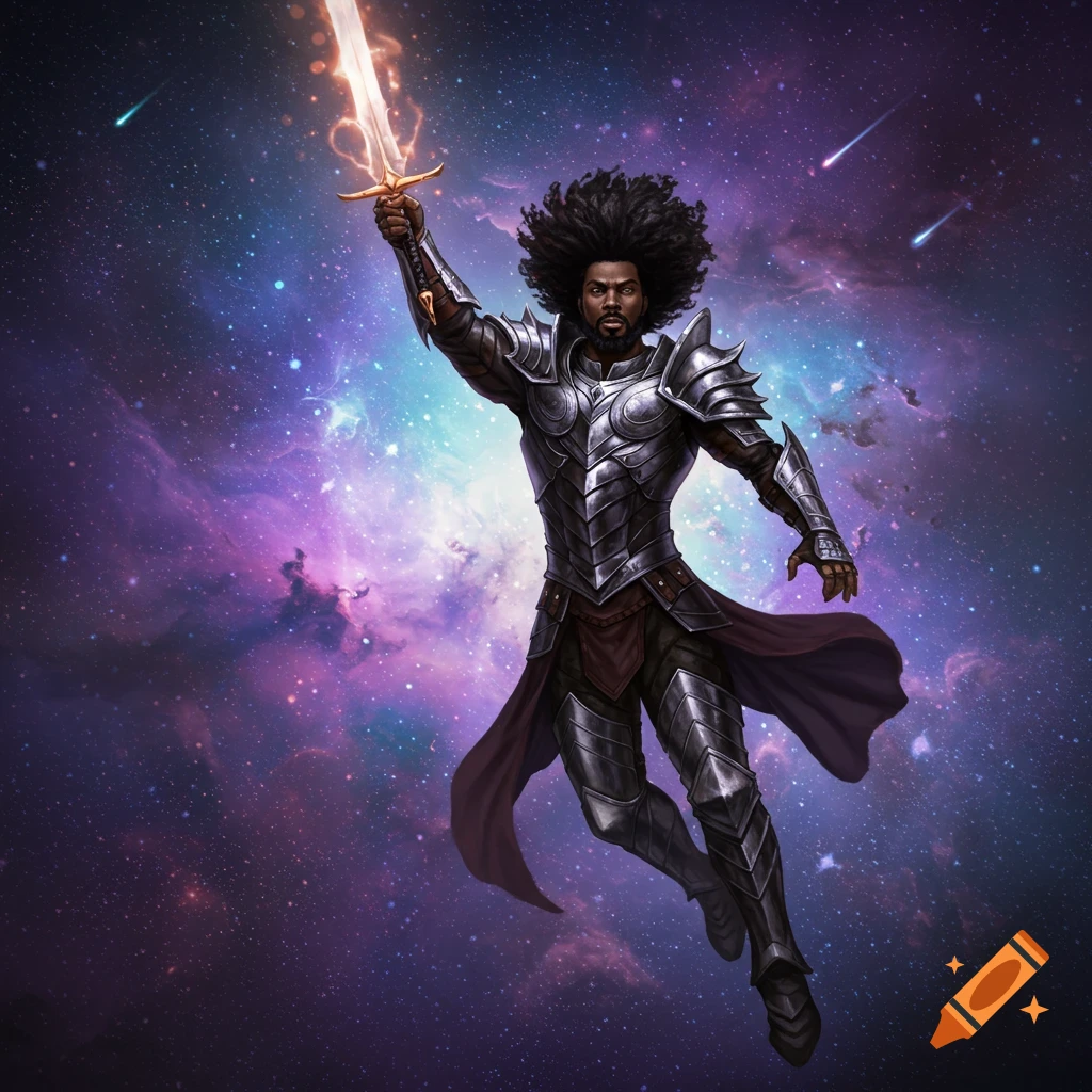 A Black man with a black afro and beard wears battle armor and holds an illuminated sword, flying through a starry, colorful galaxy.