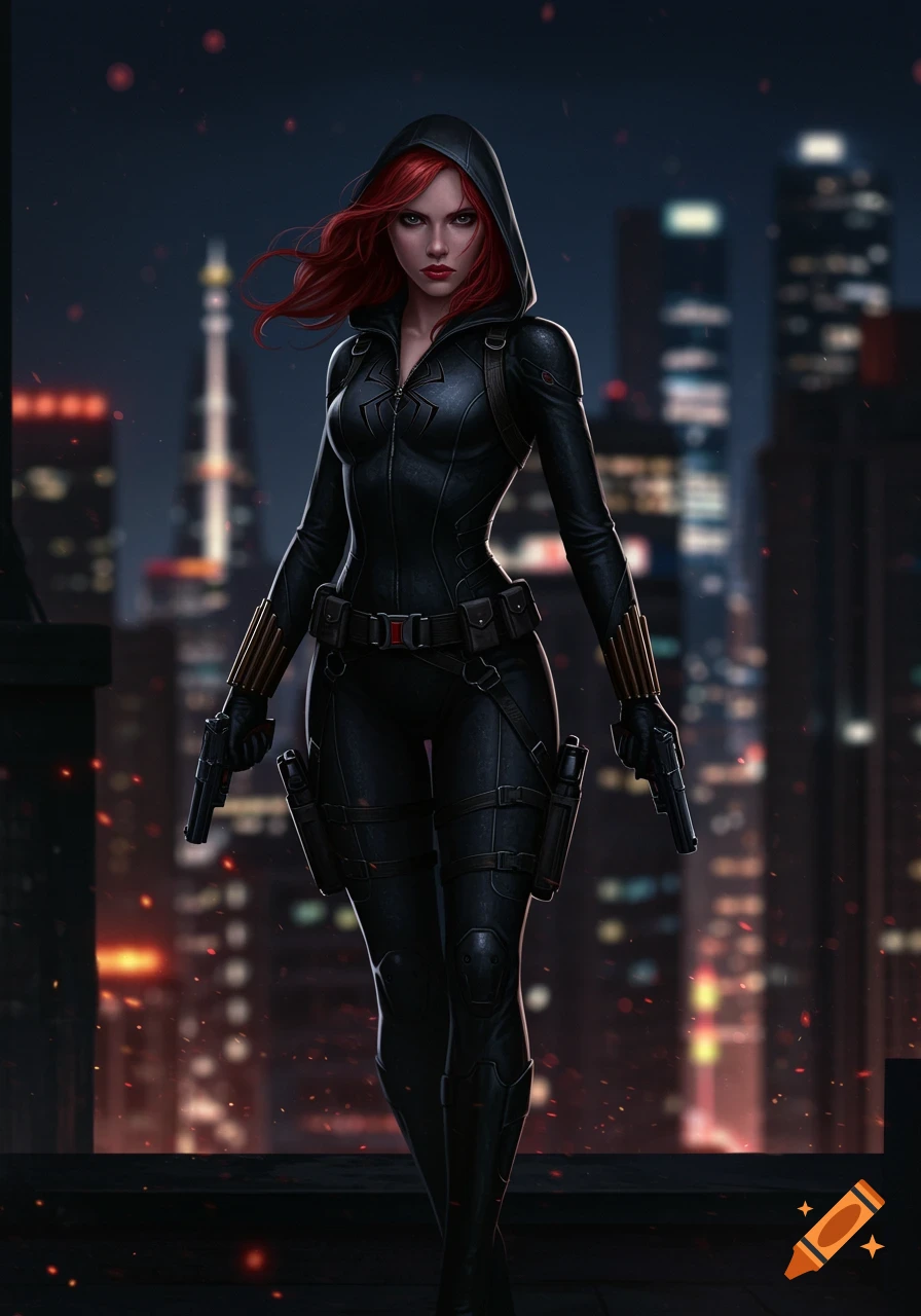 Digital art of Black Widow, a woman with red hair in a black hooded suit, holding two pistols on a rooftop at night.