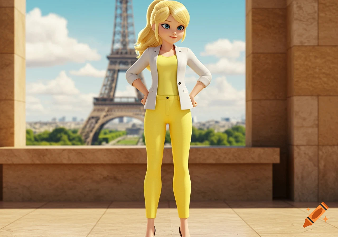 A blonde animated girl in a yellow top and pants with a white blazer stands smiling in front of the Eiffel Tower.