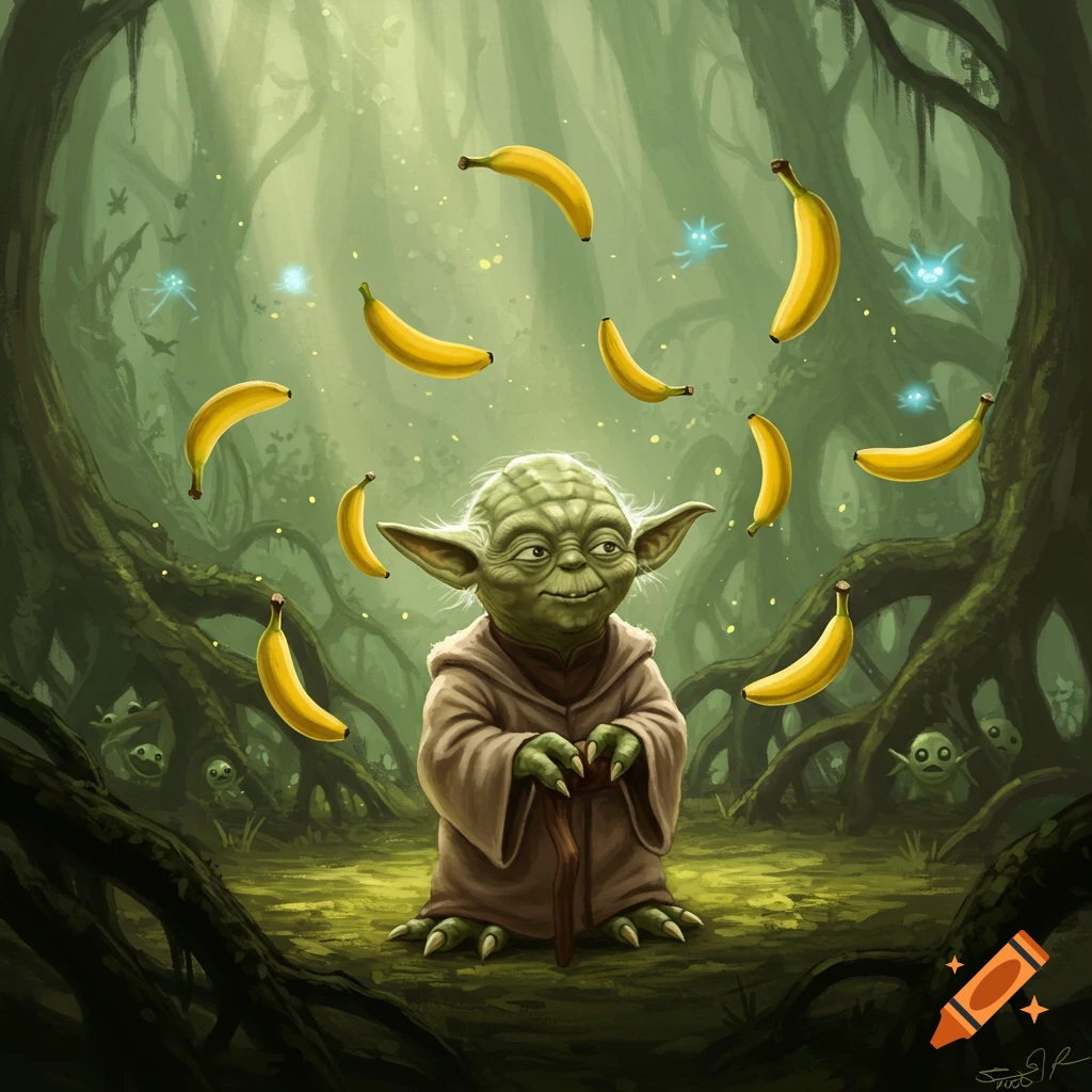 A whimsical illustration of Yoda in a mystical forest, surrounded by floating bananas and glowing sprites.