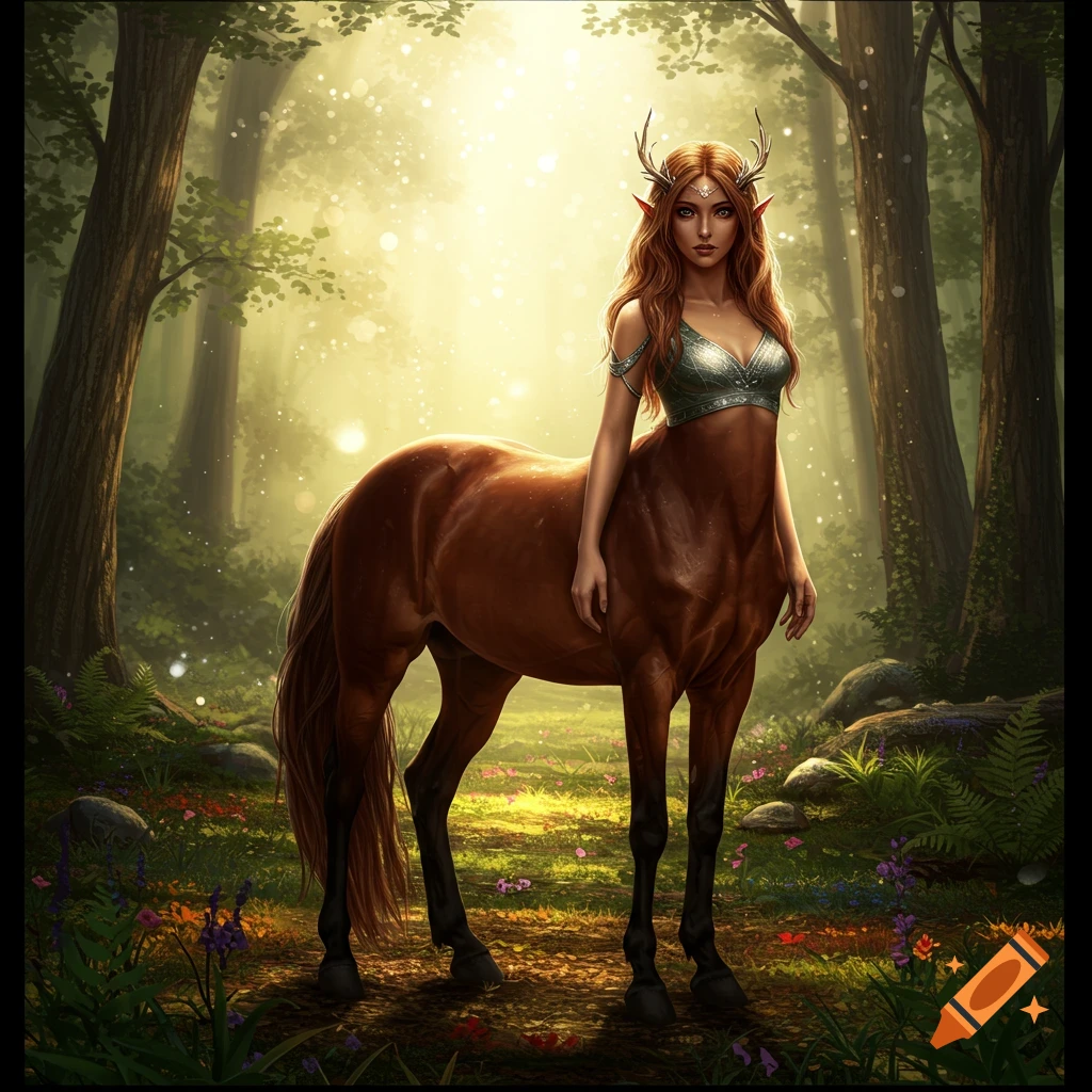 A beautiful female centaur with antlers and long hair stands in a sunlit, mystical forest clearing.