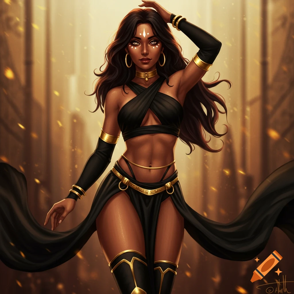 A stylized digital art portrait of a dark-skinned woman with long wavy hair, wearing a black and gold fantasy outfit, standing in a golden, glowing setting.