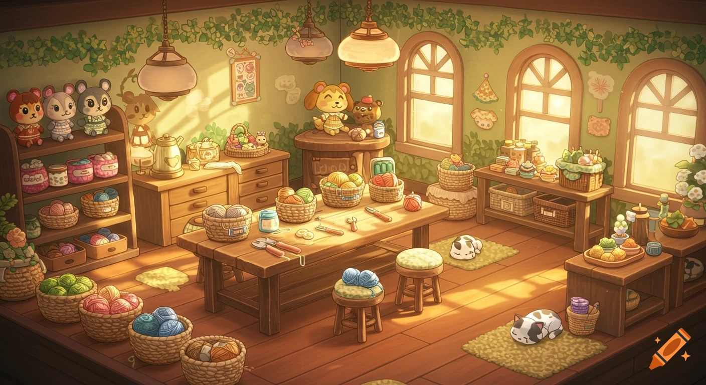 A cozy Animal Crossing-style crochet studio with baskets of colorful yarn, crafting tools, and charming animal characters.
