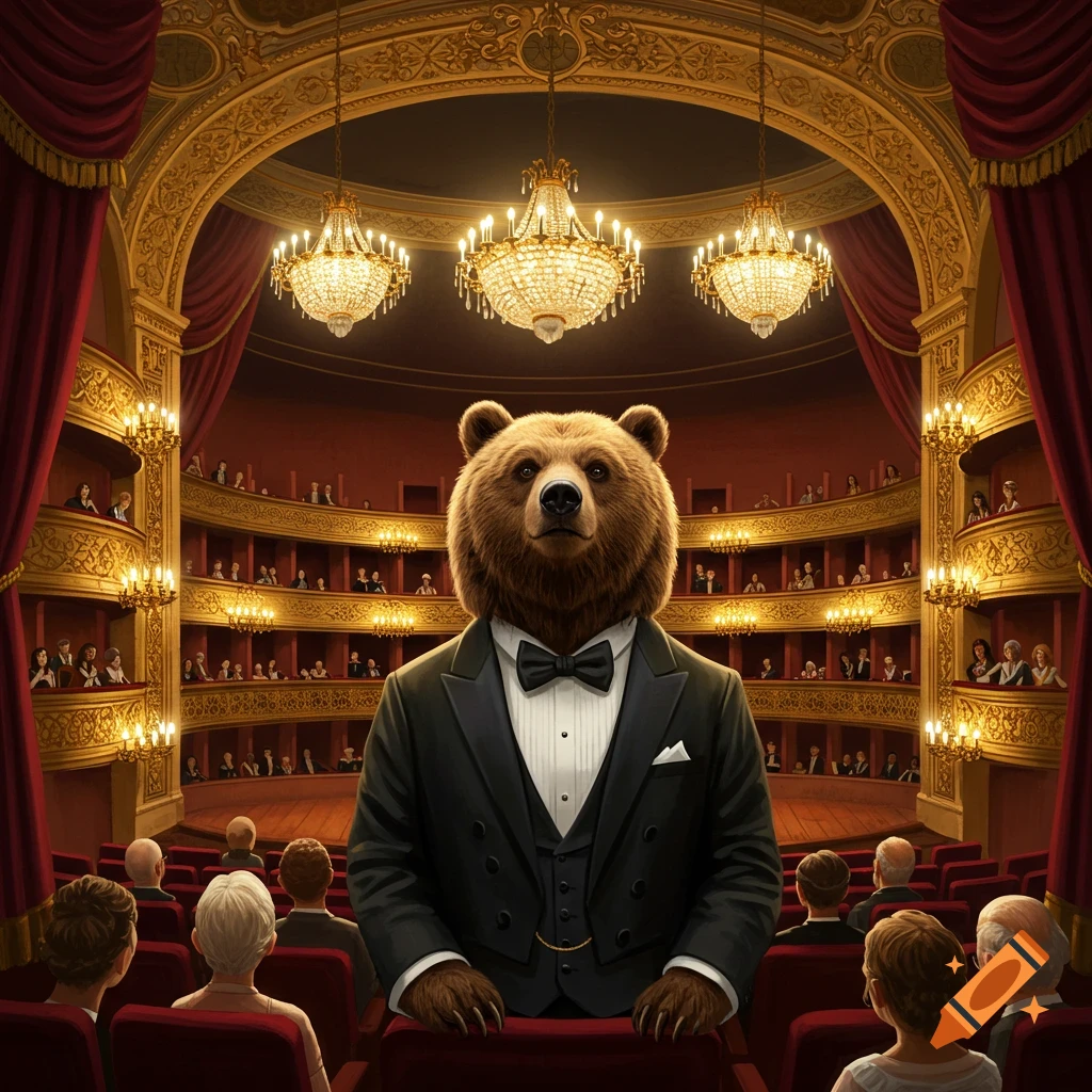 A photorealistic image of a brown bear wearing a tuxedo, sitting in the audience of a grand opera house.
