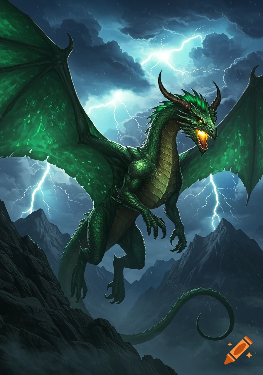 A detailed illustration of a green dragon flying in a stormy sky with lightning over mountains.
