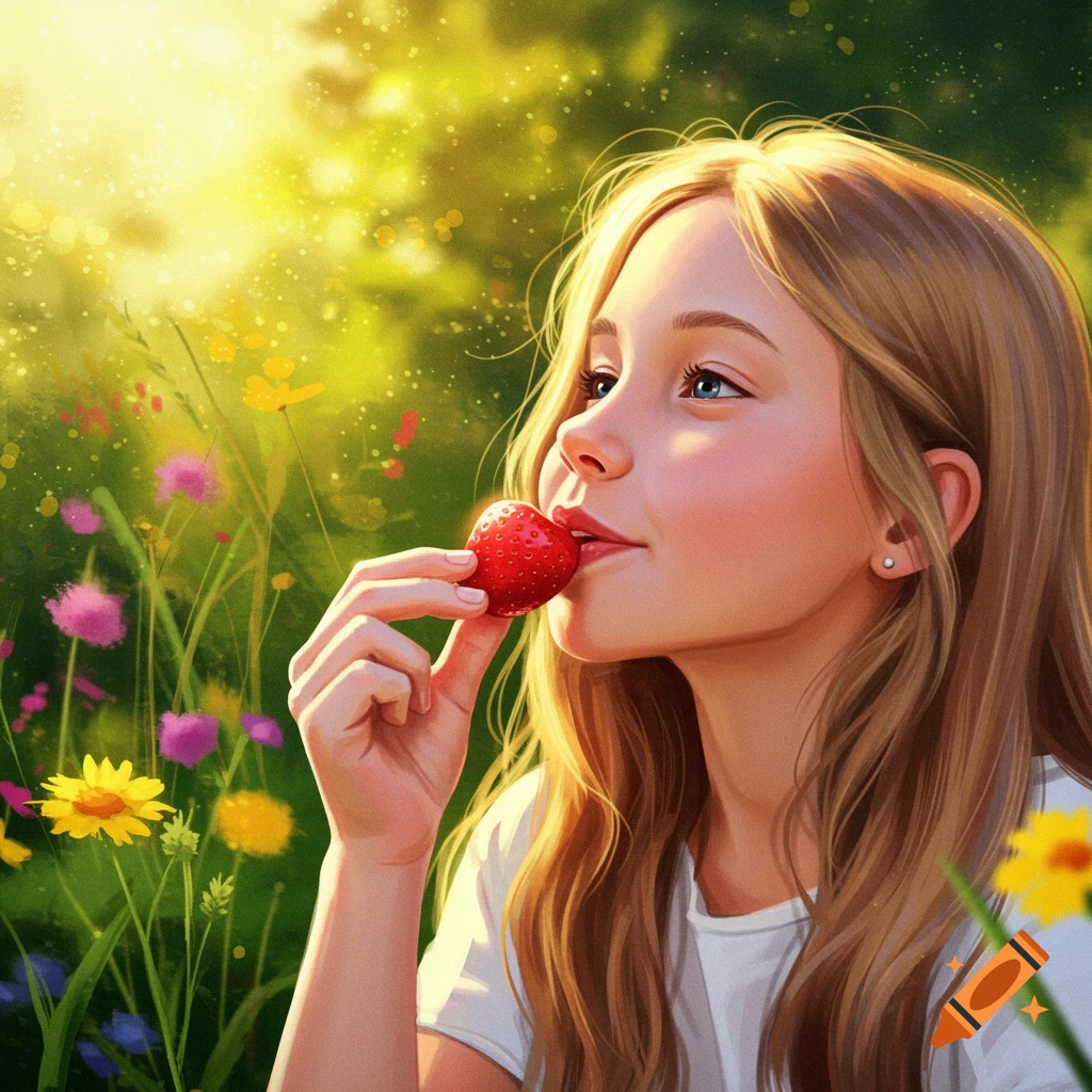 Young girl in a sunny field eating a strawberry, digital illustration style.
