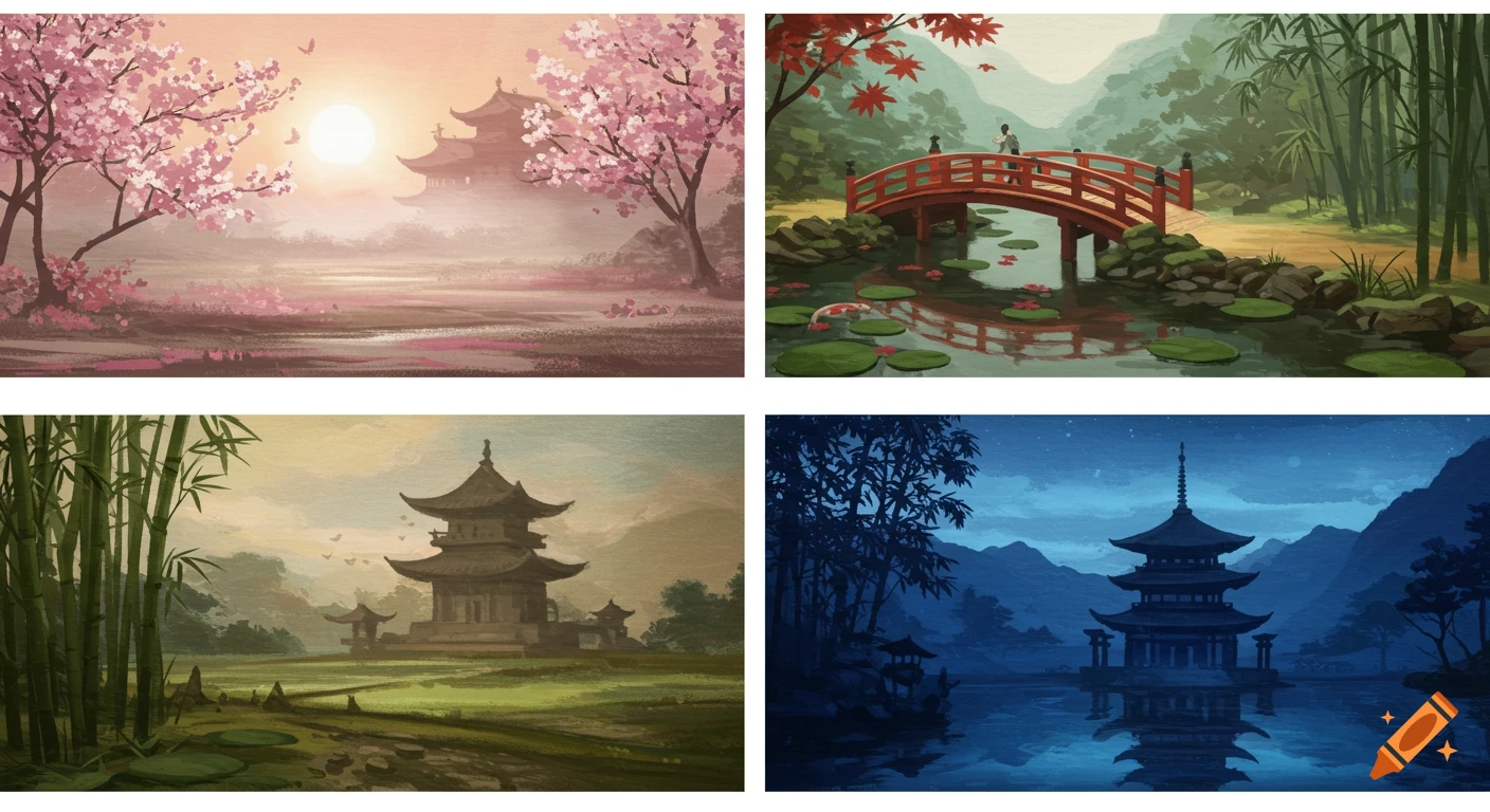 Four Japanese landscape paintings: cherry blossoms at sunrise, a red bridge over a pond, a pagoda with bamboo, and a pagoda at night.