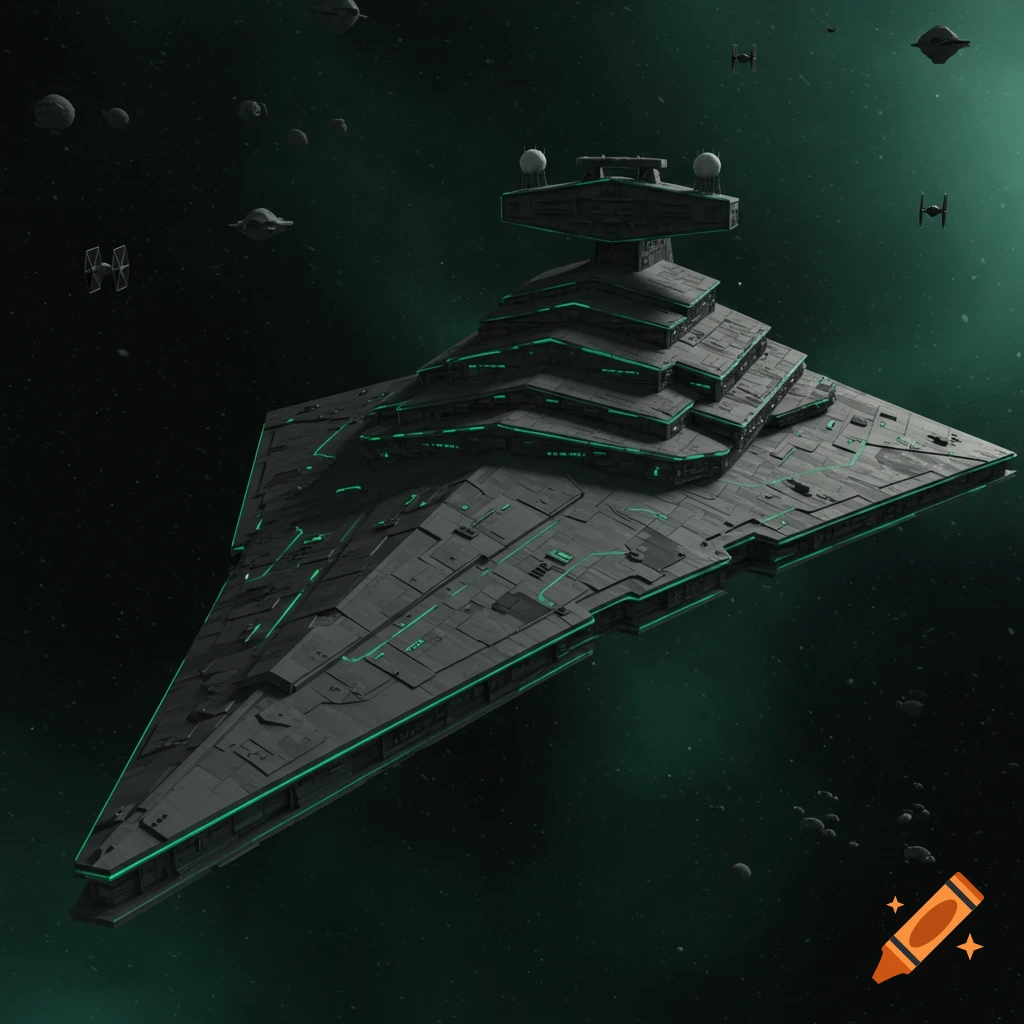 A large, dark grey sci-fi spaceship with glowing green lines flies through space, with smaller ships and asteroids nearby.