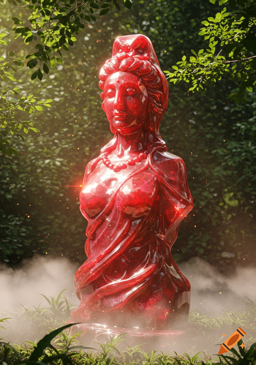 A luminous ruby-red statue of a goddess with flowing robes and a beaded necklace stands in a misty, sunlit forest.