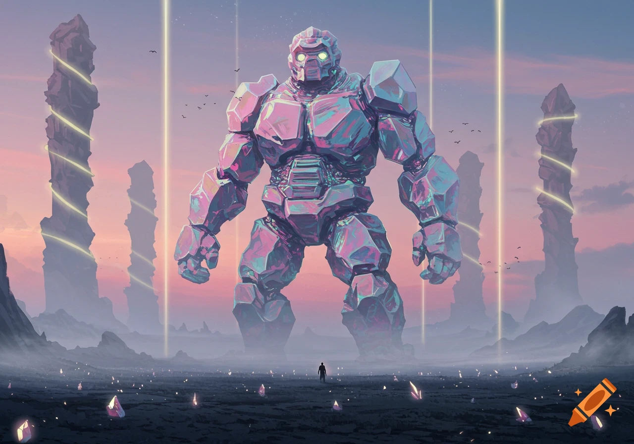A giant iridescent bismuth golem stands in a vast, misty landscape with glowing pillars and scattered crystals, a small human figure looking up.