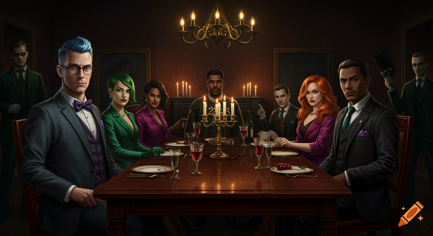 Stylized illustration of diverse characters in formal wear seated at a long dinner table with candles, in a dark, atmospheric room, with suspicious figures lurking.