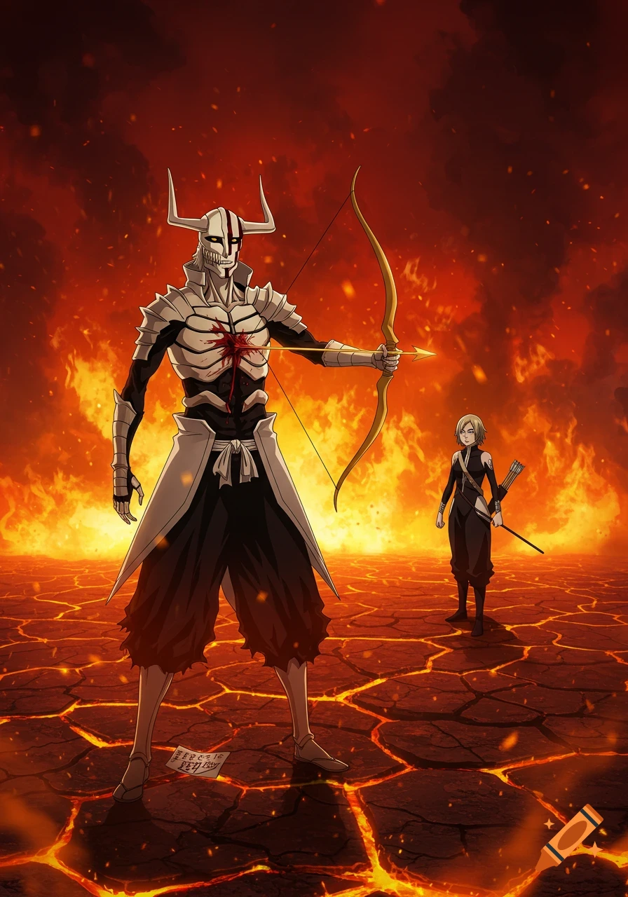 A skeletal warrior with an arrow through its chest holds a bow, facing a blonde archer in a fiery, cracked landscape.