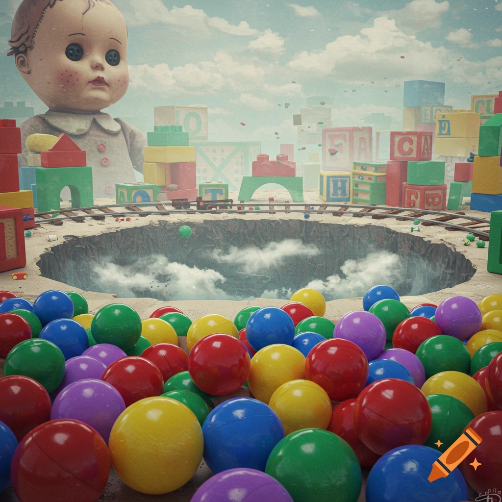 A giant, eerie doll with button eyes oversees a dreamlike landscape of colorful toy blocks and a train set. A bottomless pit filled with clouds is in the center, surrounded by a pile of vibrant plastic balls.