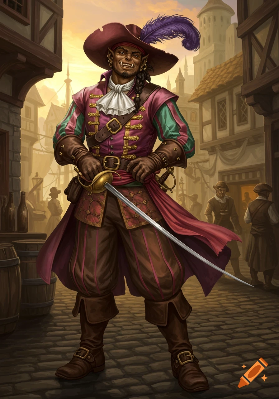 A half-orc swashbuckler in a large feathered hat, colorful jacket, and boots holds a rapier in a bustling medieval town street.