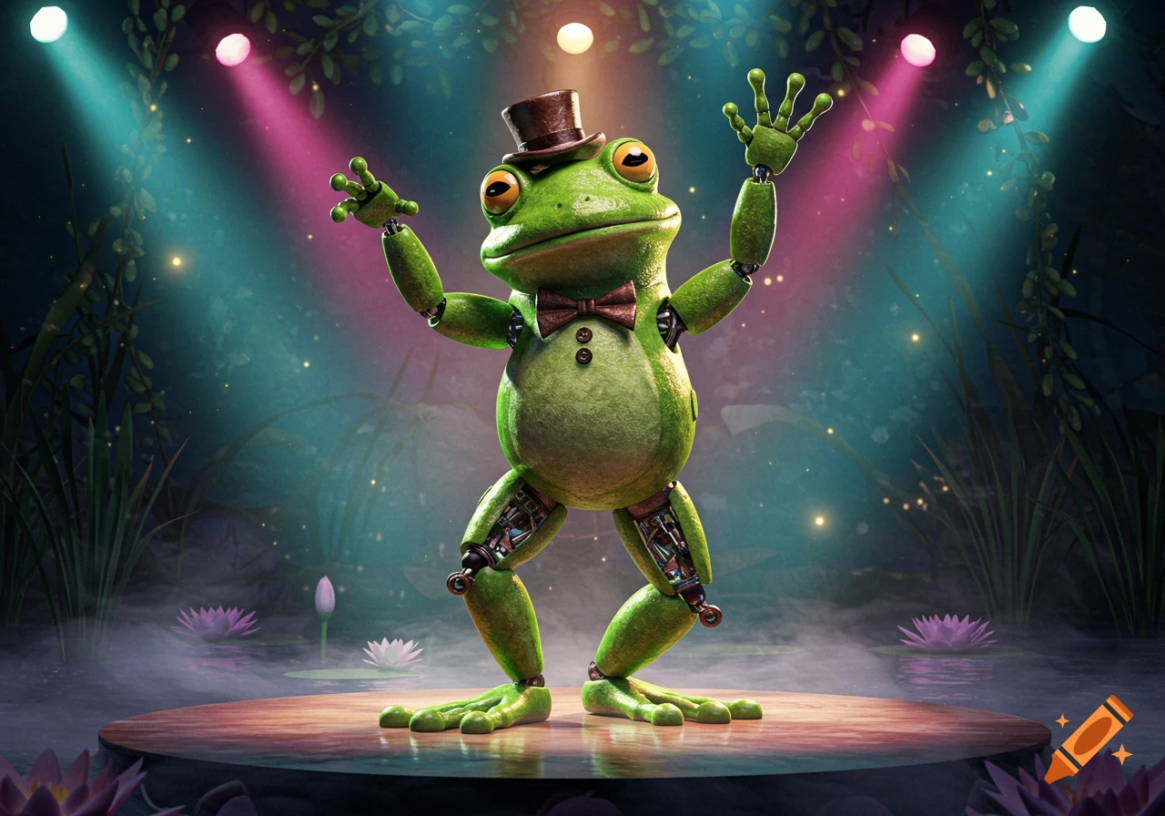A green frog animatronic wearing a top hat and bow tie stands on a wooden stage, illuminated by pink and blue spotlights in a mystical pond environment with lily pads.