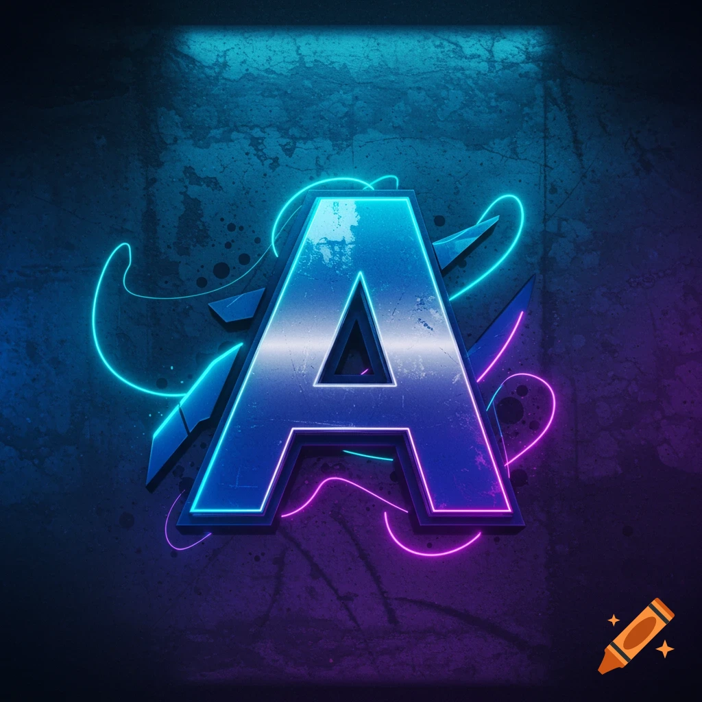 A metallic letter A outlined in vibrant blue and pink neon light on a dark, grunge background.