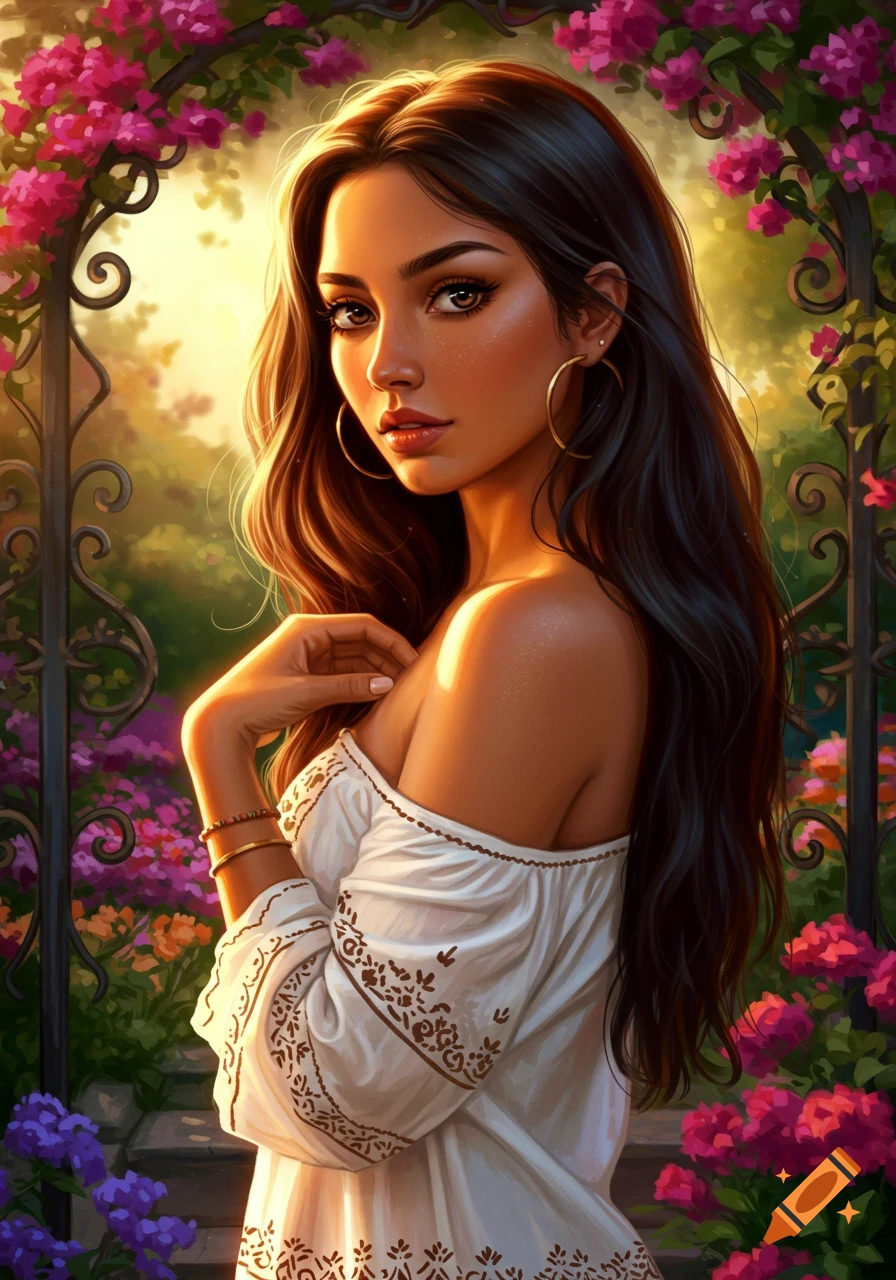 Stylized portrait of a beautiful long-haired woman in a garden with pink flowers and an archway.