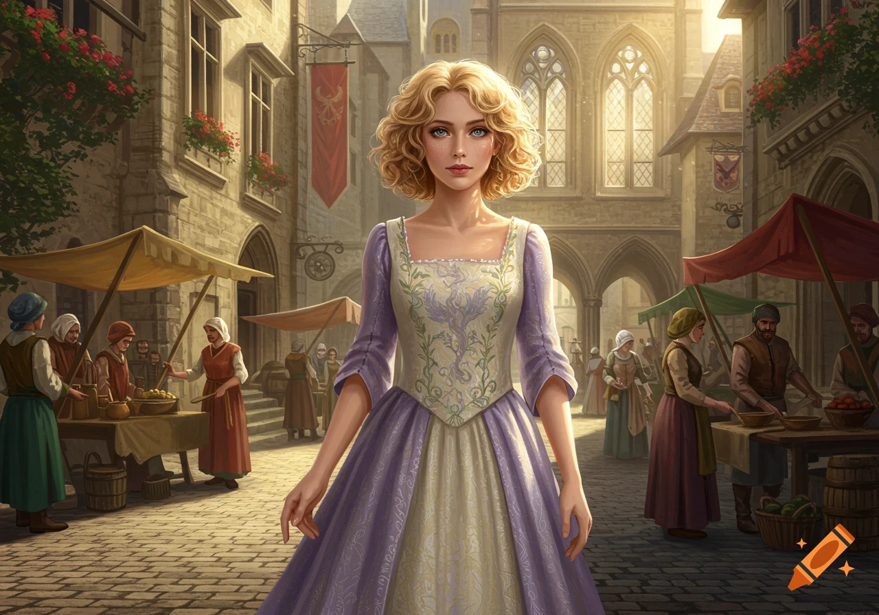A young woman with curly golden blonde hair and a purple dress stands in a bustling medieval marketplace.
