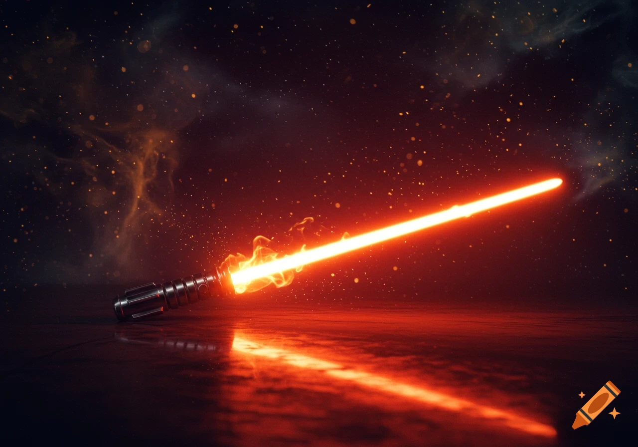 An orange lightsaber with a glowing blade and fiery sparks rests on a reflective dark surface against a cosmic background.