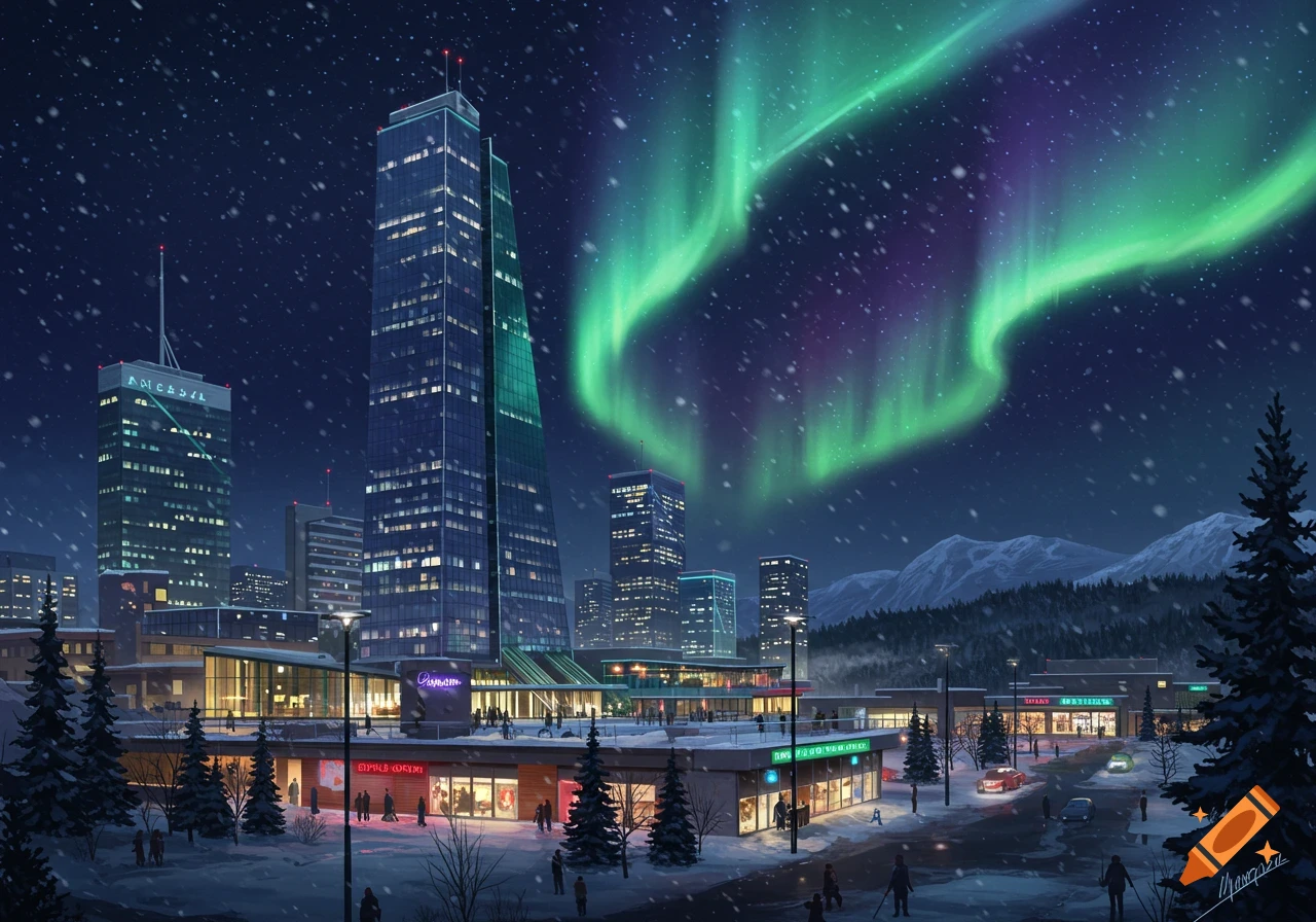 A snowy metropolis at night under the vibrant green and purple Northern Lights, with tall modern skyscrapers and glowing storefronts amidst pine trees and mountains.
