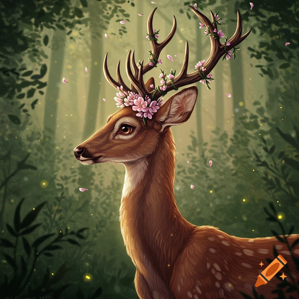 A beautiful brown deer with pink flowers and green vines on its antlers stands in a sunlit forest.
