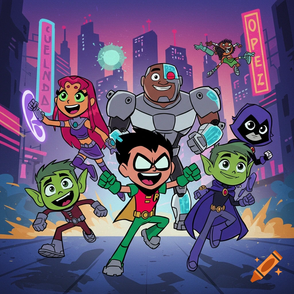 The Teen Titans Go team, including Robin, Starfire, Cyborg, Raven, Beast Boy, and Bumblebee, runs forward in a dynamic group pose against a vibrant city night background.