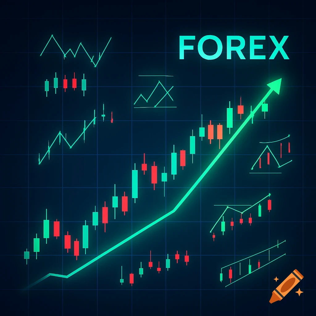 Digital illustration of a financial chart with green and red candlesticks, an upward arrow, and 'FOREX' text.
