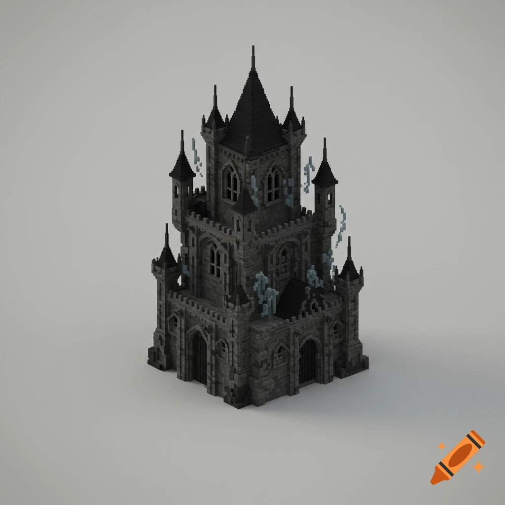 A dark, blocky 3D pixel art necromancer's castle with tall spires and light blue ghostly elements on a plain grey background.