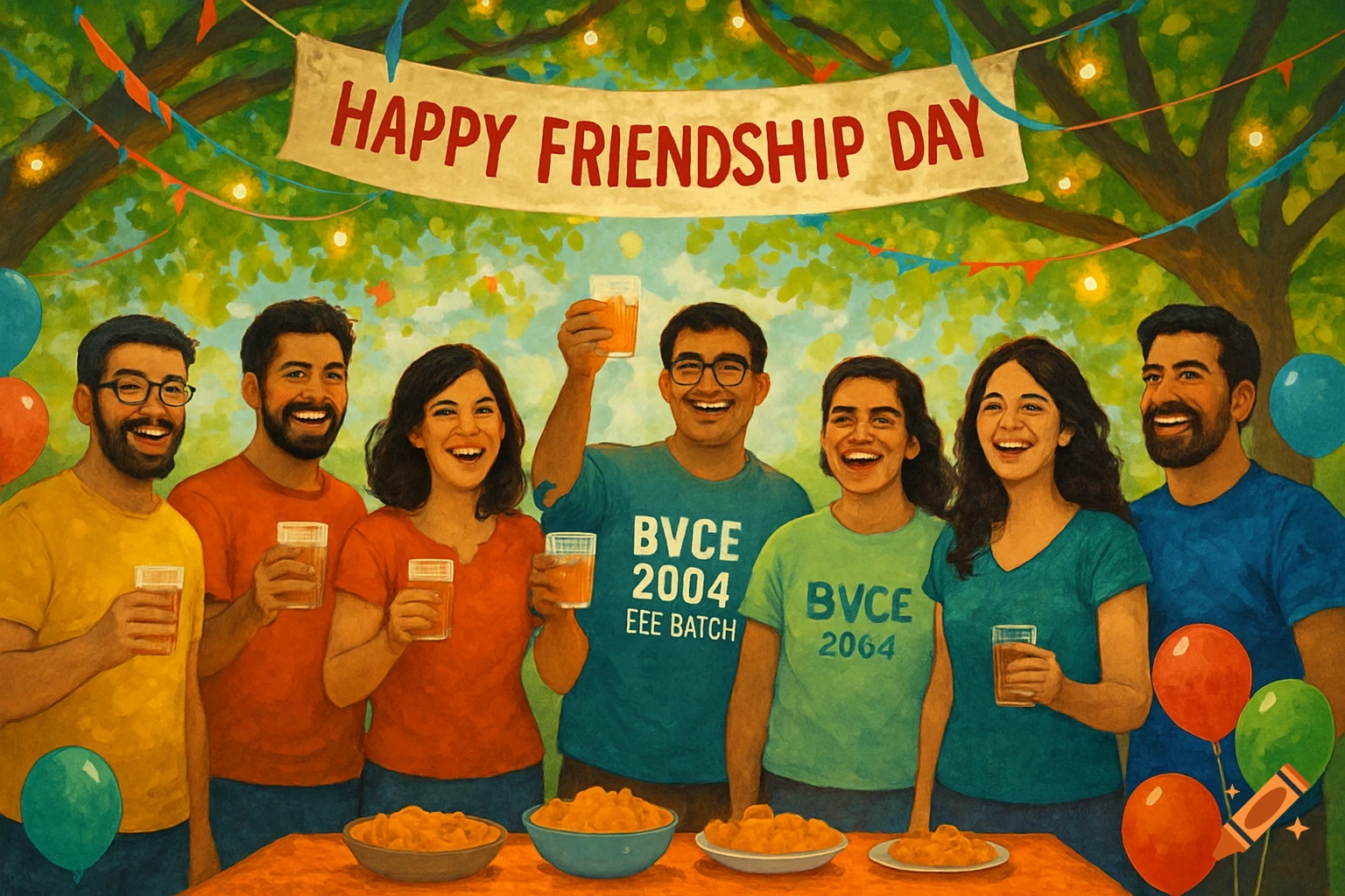 A colorful painting of a diverse group of happy friends celebrating Friendship Day outdoors, with a banner, balloons, and food.