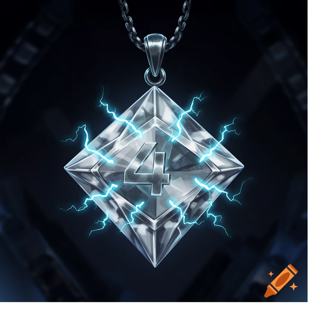 A silver diamond pendant with the number 4 etched into its center, surrounded by bright blue lightning bolts, on a dark background.