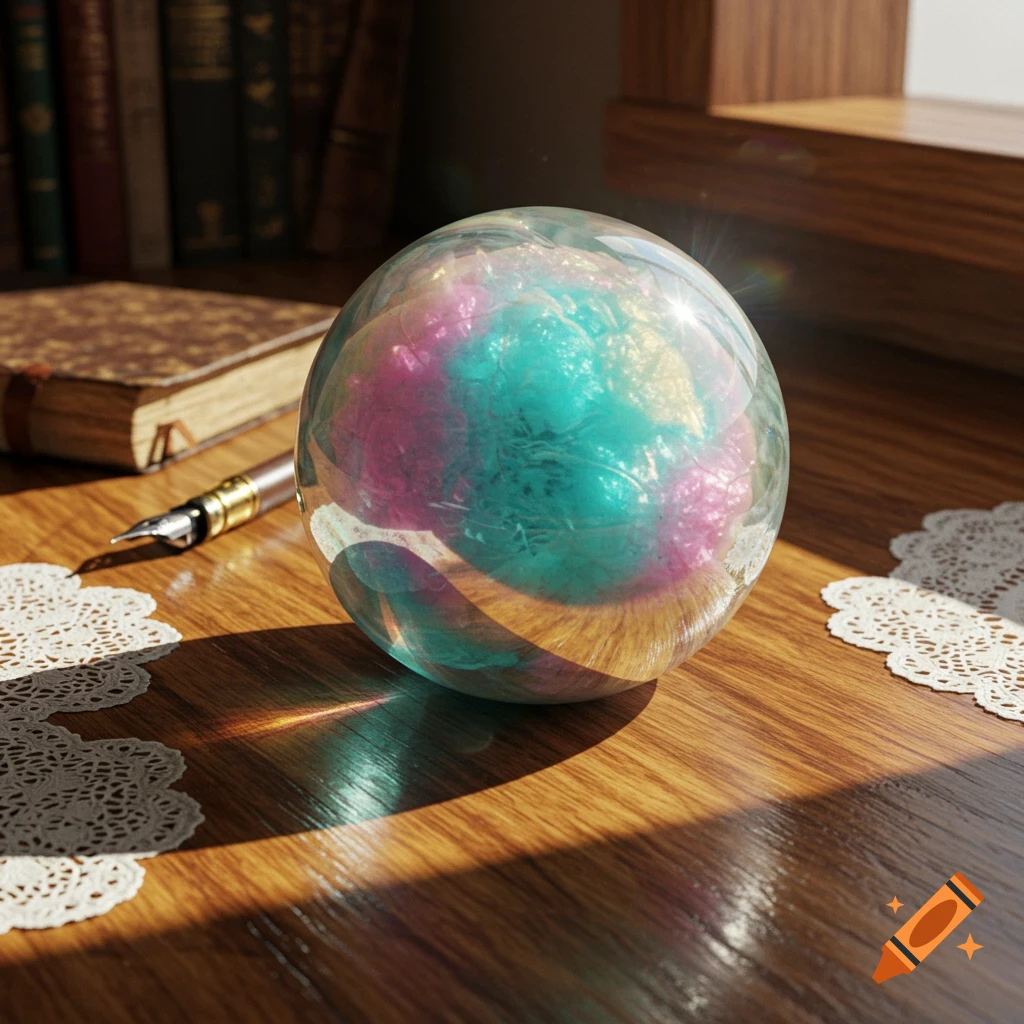 An iridescent crystal paperweight with pink and blue hues sits on a sunlit wooden desk with a fountain pen, books, and lace doilies.