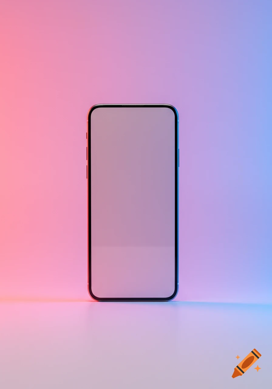 A smartphone with a blank screen stands upright against a vibrant pink and blue gradient background.