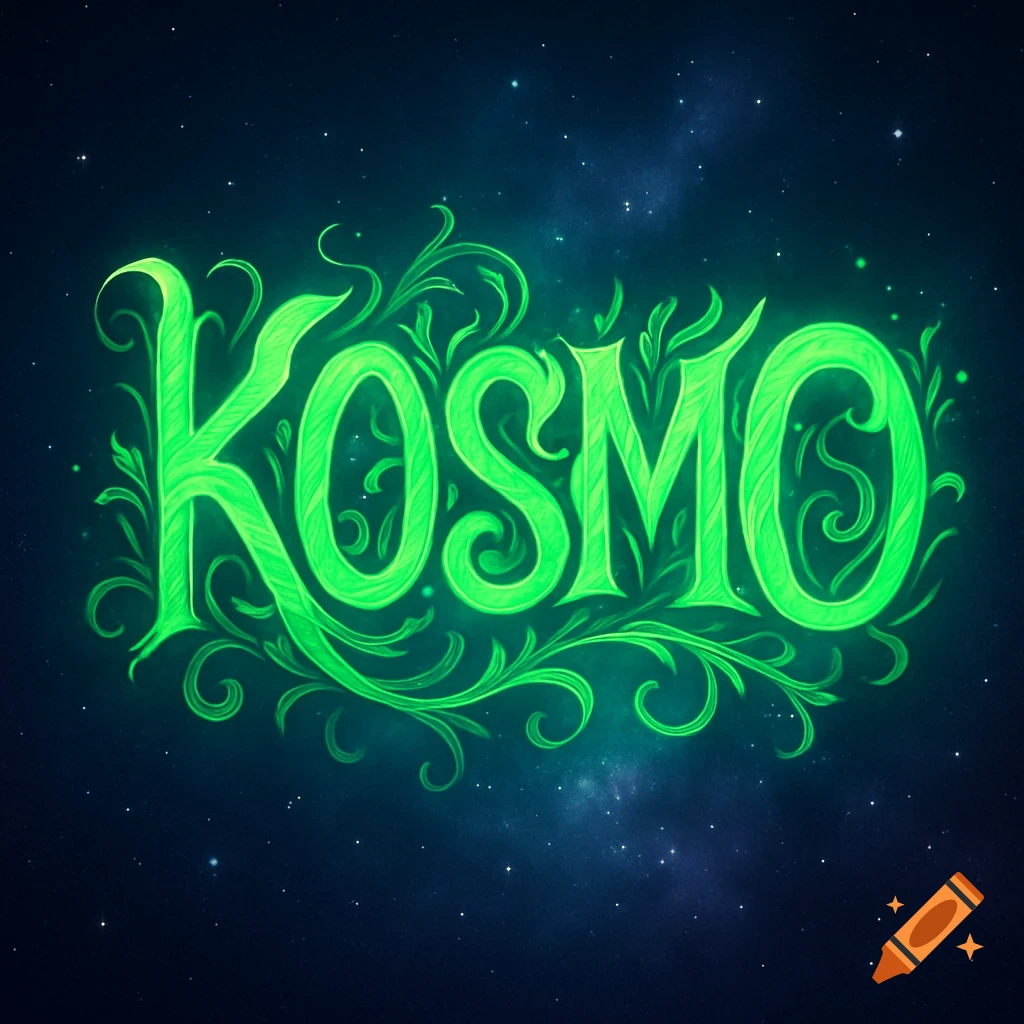 The word KOSMO in glowing green, ornate, floral-decorated letters, set against a dark starry sky.