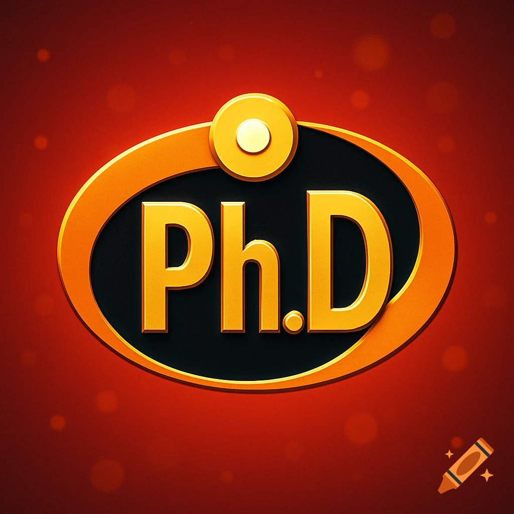 A gold and black oval logo with 'Ph.D' in the style of The Incredibles logo on a red background with subtle bokeh.