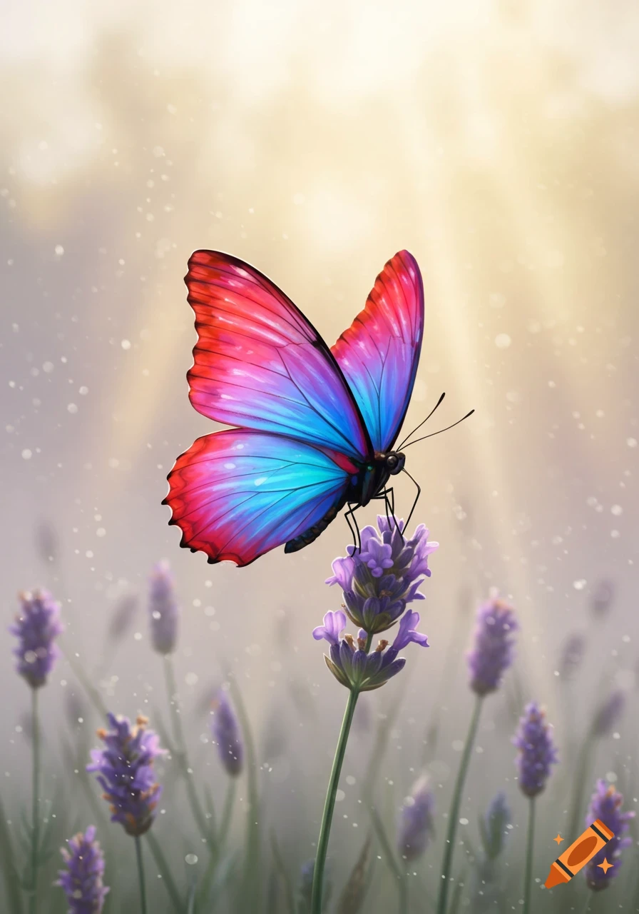 Vibrant rainbow butterfly with red, pink, and blue wings perched on a purple lavender flower in soft light.