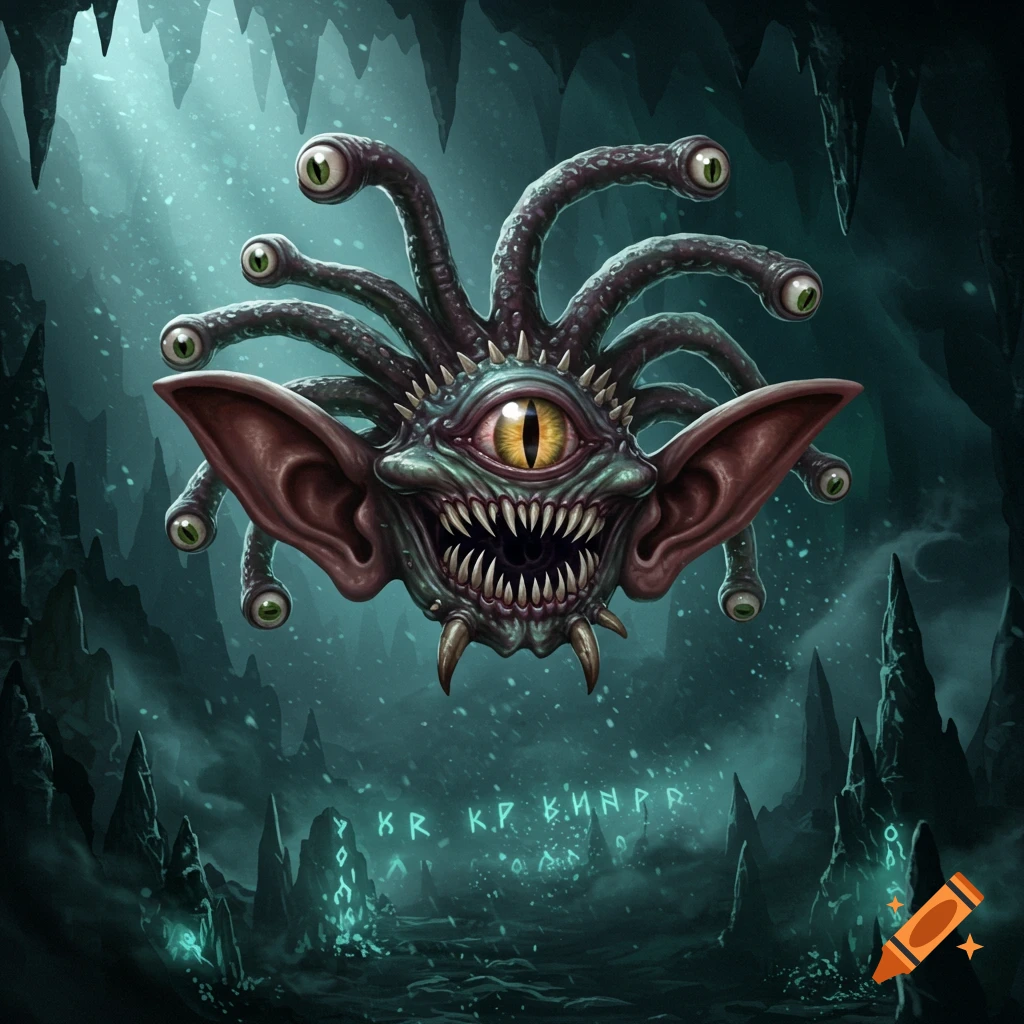 A monstrous, floating, one-eyed creature with pointy ears and many eyestalks ending in ears, in a dark, glowing cave.
