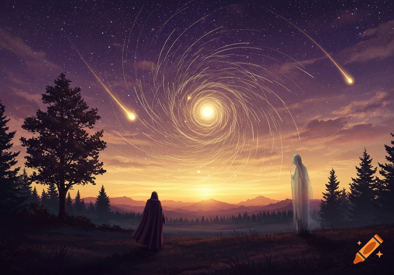 Two cloaked figures watch a swirling golden light and meteors in a starry twilight sky over a forest and mountains.