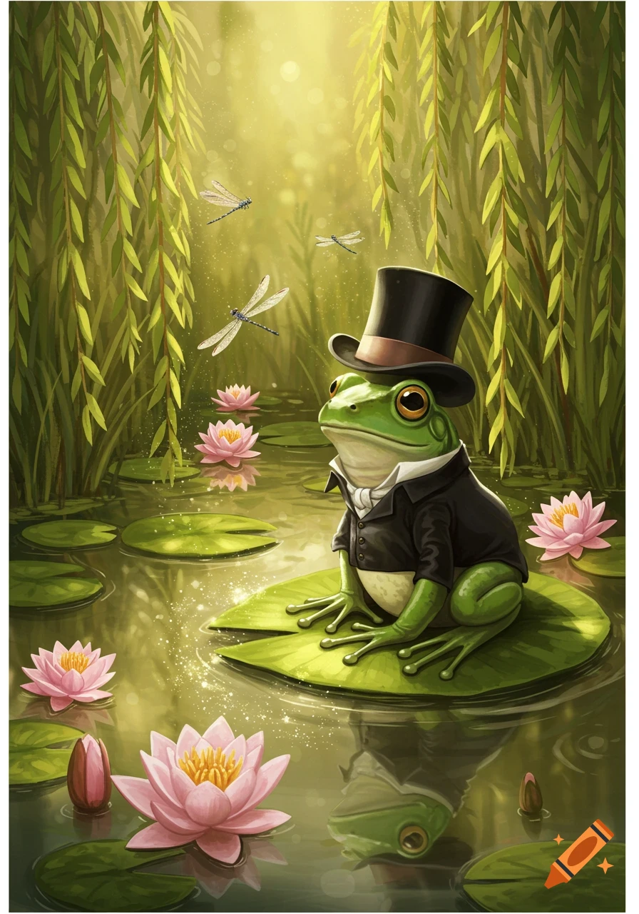 A whimsical green frog in a black top hat and suit sits on a lily pad in a pond with pink water lilies and dragonflies, with green willow branches overhead.