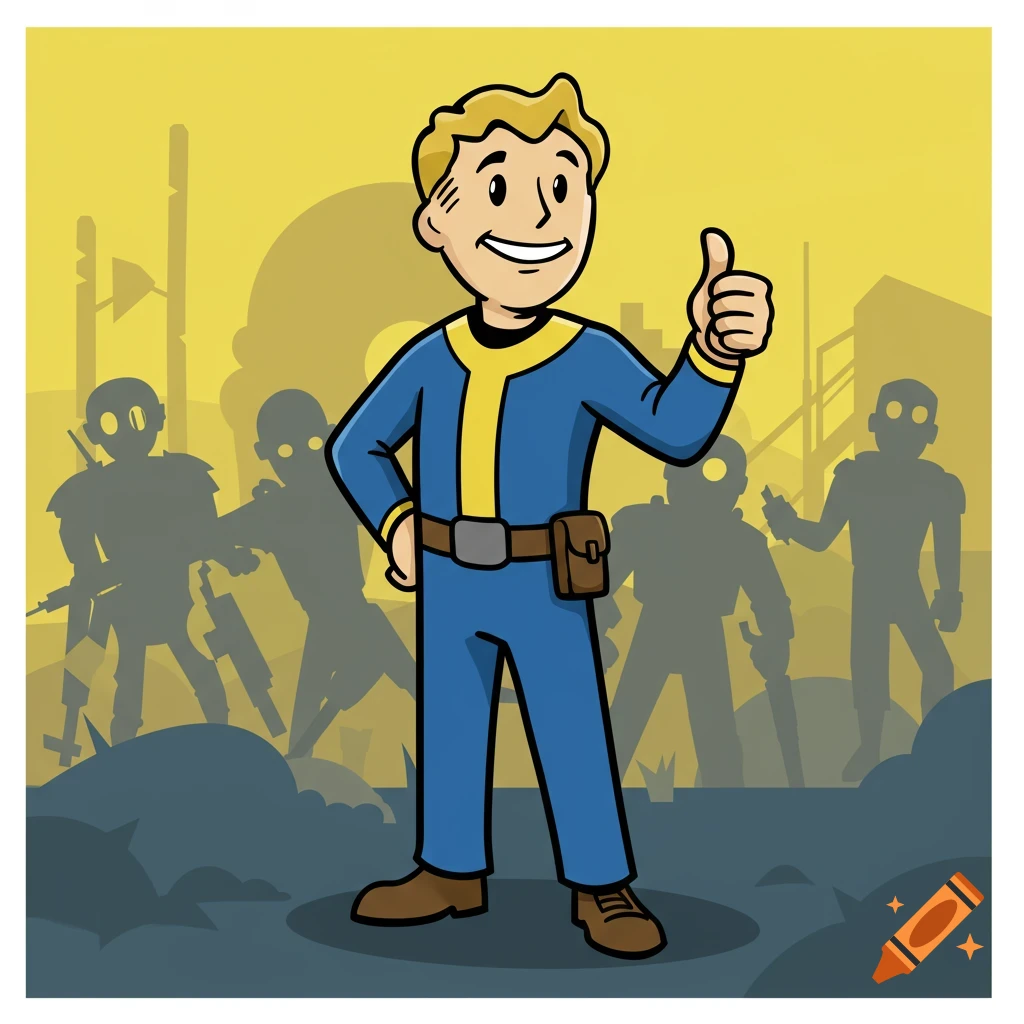 A cartoon character in a blue and yellow jumpsuit, Vault Boy, gives a thumbs up with shadowy figures in the background.