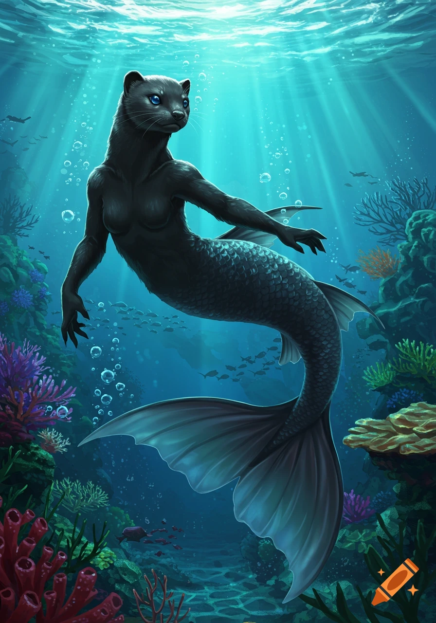 A sleek, dark mink-like mermaid with bright blue eyes swims gracefully through clear, sunlit ocean water surrounded by colorful coral reefs and schooling fish.