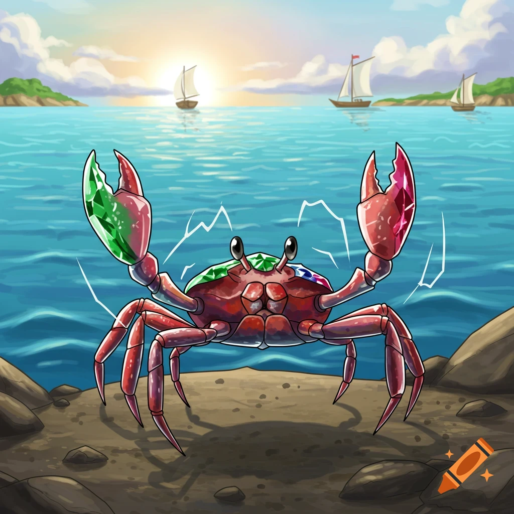 A cartoon gemstone crab with green and red gem claws raises its claws on a beach with an ocean, sailboats, and sunset in the background.