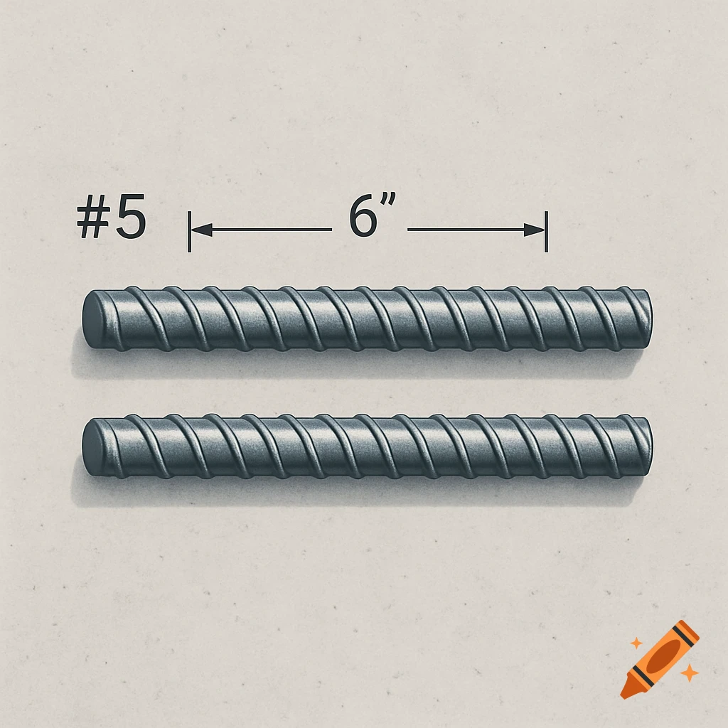 Top-down graphic of two rebar pieces labeled '#5' with a '6"' measurement.