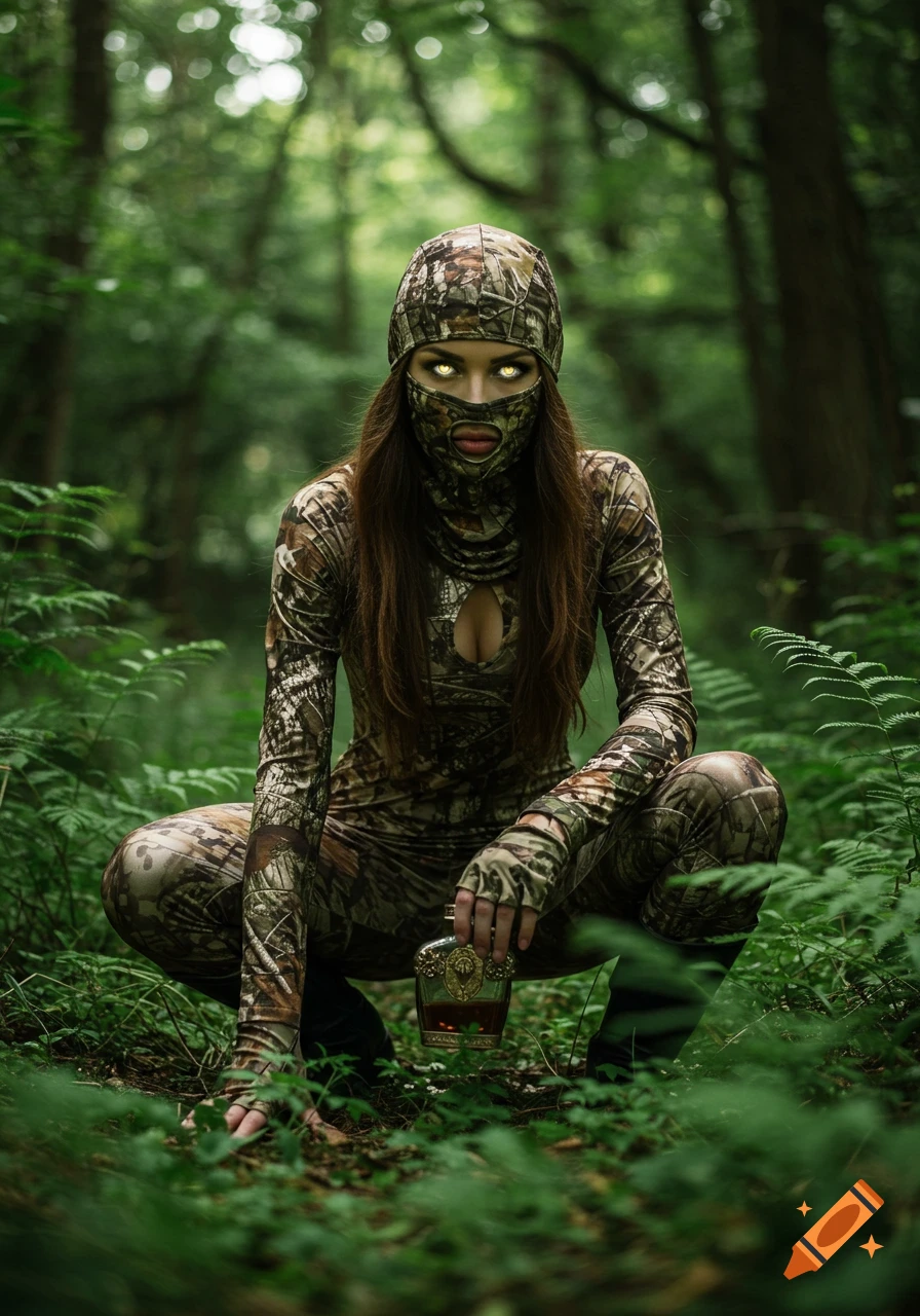 A woman in a camouflage bodysuit and balaclava with glowing eyes crouches in a dense forest, holding an ornate bottle. Photorealistic.