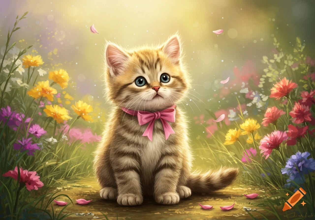 A cute tabby kitten with a pink bow sits in a vibrant field of colorful flowers with petals falling.