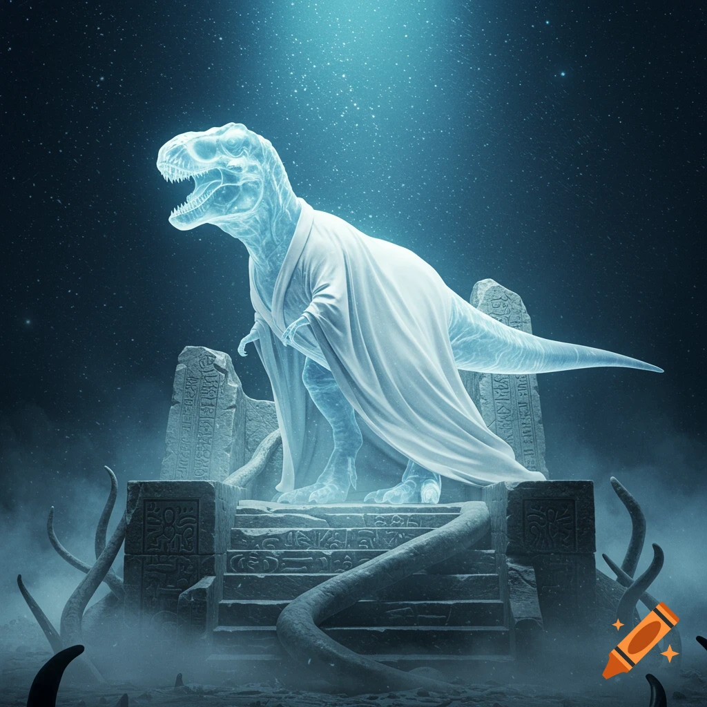 A glowing, transparent T-rex in a white robe stands on an ancient stone altar surrounded by tentacles under a starry sky.